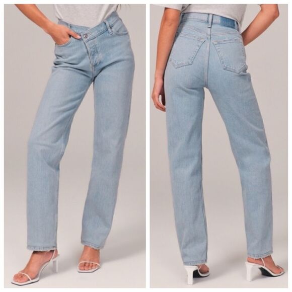 Abercrombie & Fitch Curve Love Crossover Dad High Rise Straight Leg Jeans - Picture 1 of 10